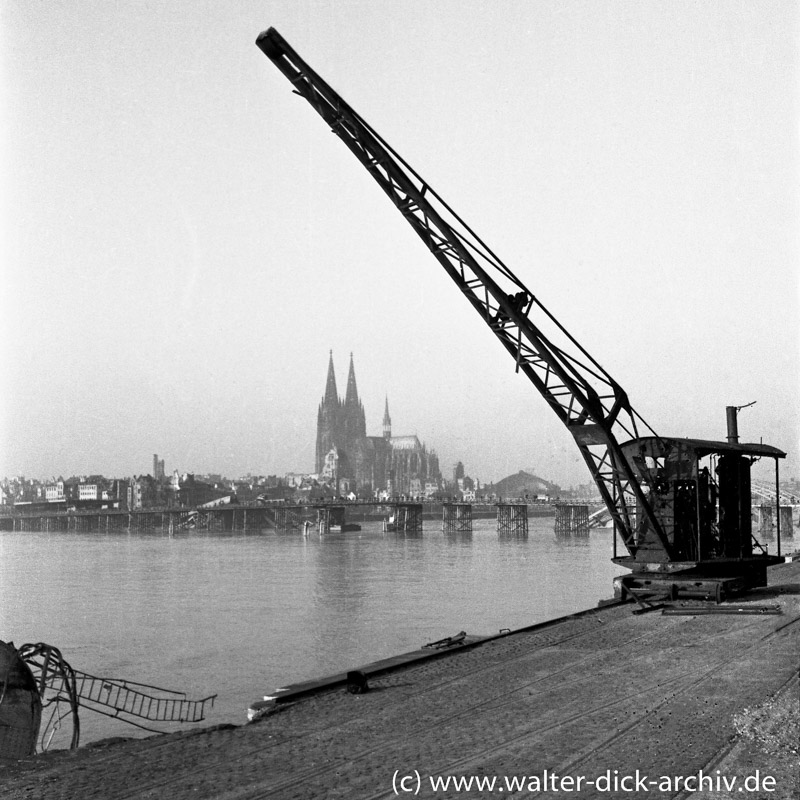 Blick vom Deutzer Werft auf die Behelfsbrücke und den Kölner Dom