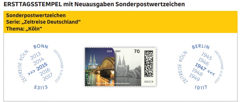 Ersttagsstempel-Briefmarke-Zeitreise-Koln-mit-Foto-von-Walter-Dick
