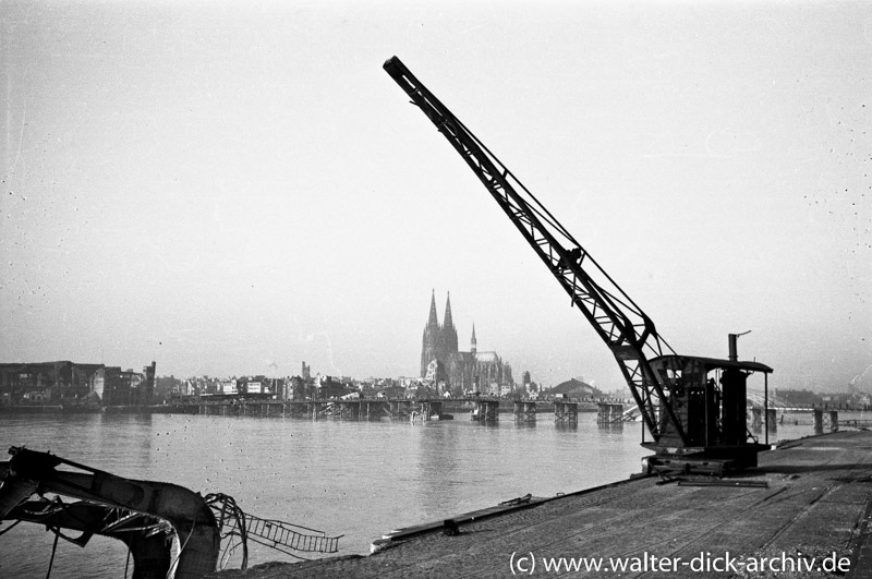 Blick vom Deutzer Werft auf die Behelfsbrücke und den Kölner Dom